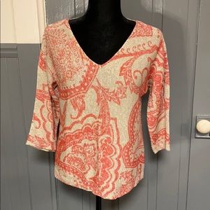 Chico’s Red & Tan Printed V-Neck Sweater